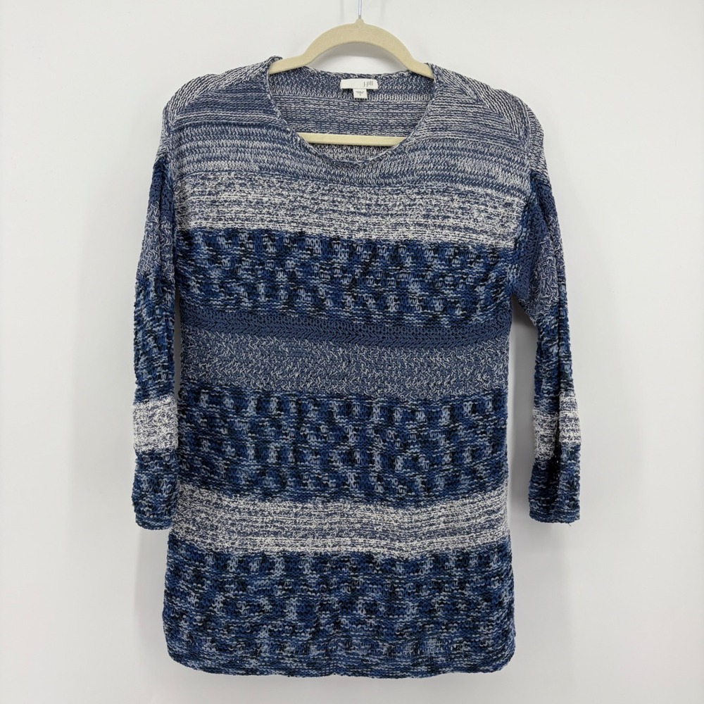 J. Jill Sweater Blue White Womens Size Small Textured Knit 3/4‎ Sleeve Pullover